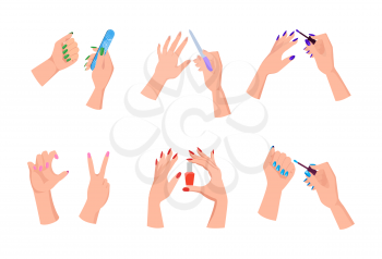 Female hands with bright modern manicure that hold bottles of nail polishes and sharp files isolated vector illustrations set on white background.