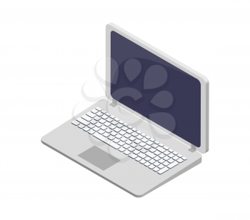 Modern laptop electronic device vector illustration isolated on white background. Computer notebook with display and keyboard, 3D icon symbol