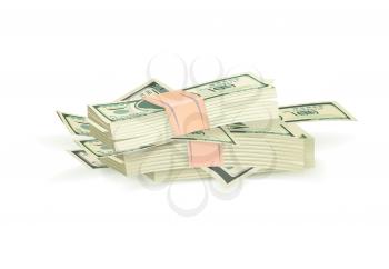 Heap of bundles of green dollar bills vector illustration isolated on white background. Hundred banknotes on pile, symbol of savings, wealth and profit