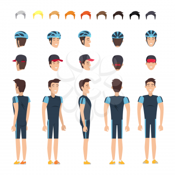 Bicyclist in elastic clothes constructor with spare heads in cap and helmet, palette of hair colors and body from all sides vector illustrations.