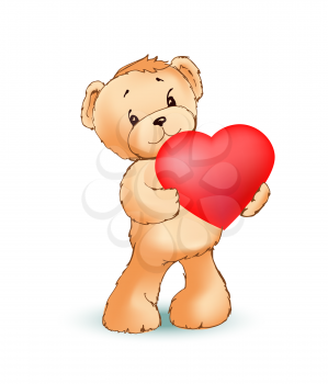 Adorable fluffy teddy bear stands and holds big red heart isolated cartoon flat vector illustration on white background. Cute toy for Valentines day.