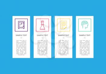 Infographic objects and icons collection, headlines and given text sample with square frames, strongbox and page, vector illustration isolated on blue