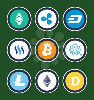 Cryptocurrency symbols in form of letters or geometric shapes inside circles isolated cartoon vector illustrations collection on green background.