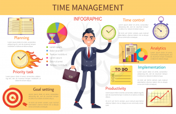 Time management planning control vector illustration with smiling businessman holding diplomat, various infographics and clock, text sample, task list