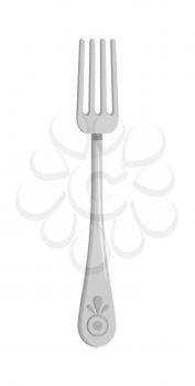 Silver fork pattern isolated on white background, bright vector illustration of cute kitchen tool with beautiful tracery situated on bottom of handle