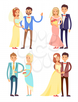 Married couple set, hugs and love, brides with flowers and wearing dress, happy man dressed in suit, vector illustration isolated on white background