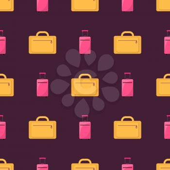 Business travelling, seamless pattern consisting of luggages and bags, tourism and travelling, icons vector illustration, isolated on violet
