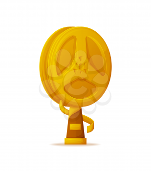 Trophy for cinema achievements vector, gold bobbin isolated icon. Reward in shape of reel with stripe on pedestal with name table, champion reward