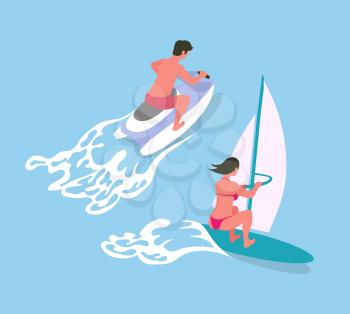 Windsurfing woman and driving on water bike man, back view of people in sea, female surfing and male going on jetski, summer activity and waves vector