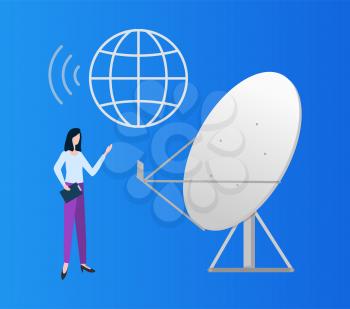 Satellite vector, globe in line flat style, woman using connection produced from station, dish and personal wireless communication cellular service