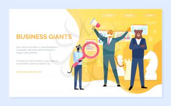 Business giants vector, businessmen serious hipster animals tiger and bear with megaphone chess figures and infocharts with information of project. Website or webpage template, landing page flat style