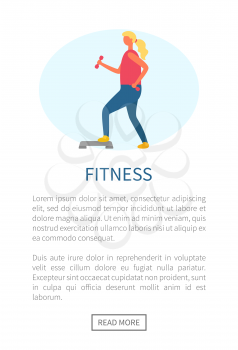 Fitness sporty webpage, side view of woman doing exercise with dumbbells on step, loss weight, active lifestyle, workout website with girl vector