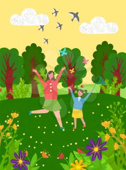 Mom and daughter jumping and running in forest vector, happy family on nature, swallows flying in sky, trees and greenery of park, mother and child