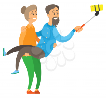 Cheerful old people making selfie, smiling elderly man and woman, grandma holding grandpa with stick and phone, funny pensioners, photography vector