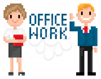 Office work poster decorated by pixelated man and woman workers in suit, portrait view of employees characters, 8 bit people cooperation, pixel business game vector