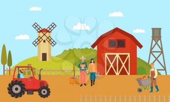 Farmhouse and farmers vector, man and woman working on field mill and tractor driver, person with carriage filled with ripe pumpkins, machinery on farm