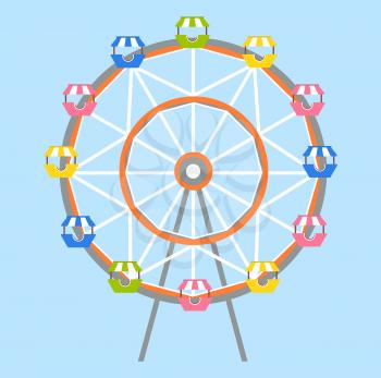 Ferris-Wheel with lots of colorful cabs isolated on blue. Vector amusement park or playground for children entertainment. Revolving wheel with passenger cars