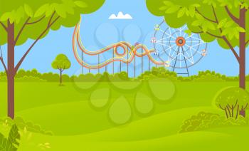 Ferris wheel amusement-park or fairground rides, green scenery with trees, bushes and grass, spring time. Landscape of forest or park and roller coaster