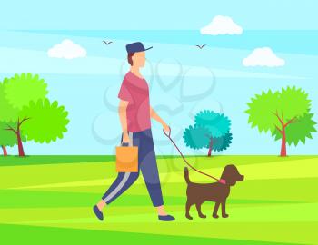 Man walking with pet in green park or forest. Vector person wearing casual clothes and cap, dog domestic animal with lead, human holding package