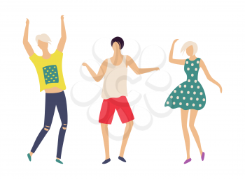 Dancing people in good mood isolated cartoon characters. Vector teenagers, animated man and woman in flat style. Boy in jeans, red shorts, girl in dress