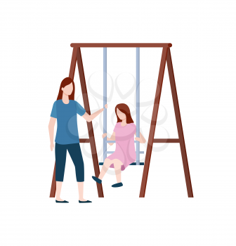 Woman sitting on wooden swing, girls in casual clothes on white, portrait view of people on playground, recreation and amusement, female outdoor vector