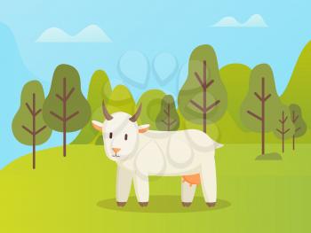 Goat side view, standing in park or forest, wildlife animal and mountain landscape with trees, cloudy sky. Horns white animal with udder, nature vector