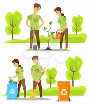 People collecting garbage and planting trees vector, volunteers with bag of rubbish sweeping floor, container for litter, volunteering in park, watering plant in clean green park