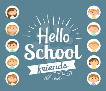 Hello school best friends vector, kids in frames. Pencil and ruler sketch welcome back to classes and lessons. Childhood, portrait of children in circle