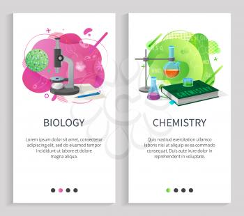 Chemistry and biology science studying vector, school or university disciplines, microscope with bacteria research and examination, substances. Website or slider app, landing page flat style