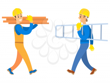 Men wearing helmet and working clothes, builder side and full length view holding logs and stairs, smiling foreman character with building equipment vector