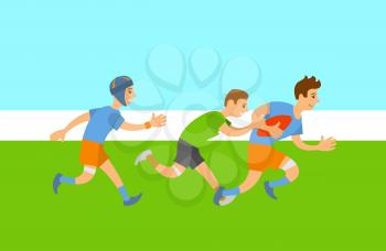 People playing rugby in team vector, youth running with ball in hands, aggressive kind of sports originated in England. Field with grass green lawn. Website or webpage template, landing page flat style