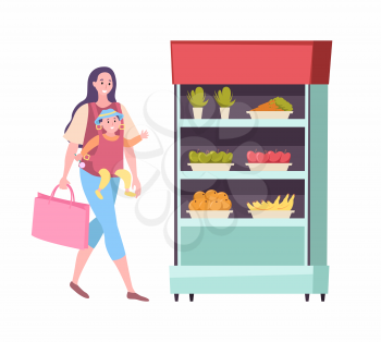 Woman with baby walking to fridge vector, supermarket shopping mother with kid. Lady carrying bag looking at vegetables and fruits in refrigerator