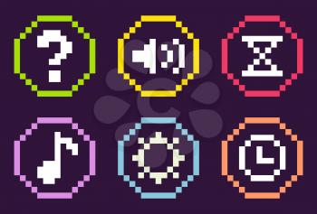 Pixel game graphics vector, isolated set of framed buttons, question mark and sound options, settings and hourglass, note and cogwheel pixelated music elements