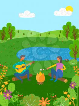 Man playing acoustic guitar vector, person sitting with beloved, couple on logs by bonfire, lake pond in distance, lady frying marshmallow on fire