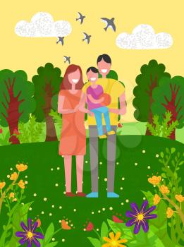 Man and woman with son vector, family with father mother and kid on nature, smiling parents and kid on hands of dad, swallows and natural landscape, young family in park