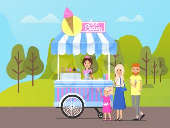 Park with trees and food truck vector, family consisting of father, mother and daughter buying cool dessert form shop. People spending vacation in forest
