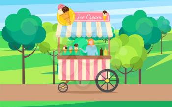 Ice cream shop vector, woman selling cold dessert in carriage. Greenery and nature of park, sunny weather, person with product different types meal