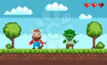 Arcade pixel game vector, viking with weapon and troll character fighting. Scenery with health point, pixelated hearts and grass, sky with clouds and trees nature