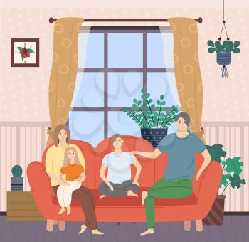Family sitting together on sofa, mom holding daughter, son near dad, room decorated by houseplants, hanging plant, big window, interior of flat vector