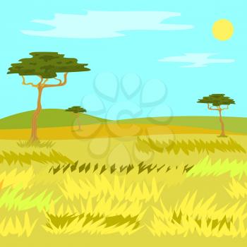 Yellow grass and trees, empty field and hills. Panorama view of savannah, clouds with sun on sky, natural wildlife and woods, floral design element vector, Africa landscape