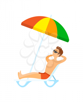Adult with rising hands sunbathing on chaise lounge under colorful parasol, man wearing shorts and sunglasses. Relaxing male, leisure or vacation vector