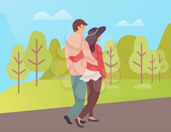 People in love cuddling and walking vector, boyfriend and girlfriend having calm and relaxing weekend on nature, trees and greenery of tranquil park