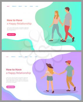 How to build happy relationship, girlfriend walking with boyfriend holding hands, man and woman in love, couple on vacation, pages with info. Website or webpage template, landing page flat style