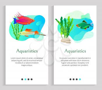 Aquaristics floating fish vector, seaweed oceanic and seawater with flora and foliage, stone and animals marine life, sealife fauna of underwaters. Website or slider app, landing page flat style