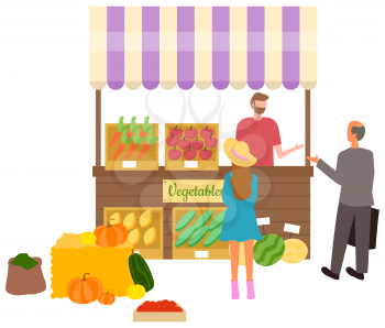 Salesperson with vegetable and fruits on shelves vector, isolated stall tent with carrots and pumpkins. Spices powder in bag, cucumber and tomatoes. Flat cartoon