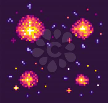 Equipment of pixel game. Powerful explosion on black background. 8 bit graphics of elements pixel-art bomb bang, pixelated cosmic object for mobile app games. Bang burst explode flash nuclear bubble