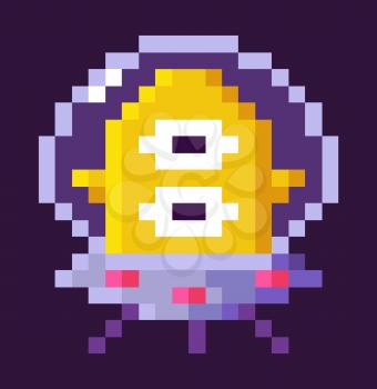 Character sitting in spaceship vector, alien floating in space, pixelated personage of 8 bit pixel game, ufo monster with prolonged head shape flat style, pixel cosmic monster for mobile app games