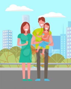 Mother, father and daughter eating ice cream, spend time together in city park. Vector happy family and child on background of cityscape with buildings and trees. Flat cartoon