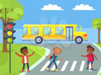 Kids crossing street on pedestrian in urban city. Smiling boy with backpacks on crosswalk with traffic light and modern yellow school bus riding on background vector. Back to school concept. Flat cartoon
