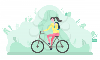Girl riding bicycle cyclist vector, nature with foliage and leaves. Lady on bike, biker with backpack student young woman leading active lifestyle. Flat cartoon